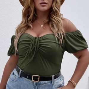 Plus Off-the-shoulder Drawstring Front Tee